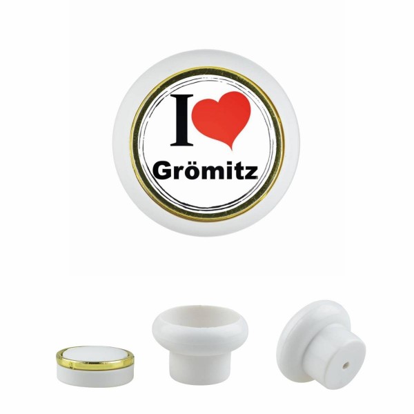 Designer Kunststoff Möbelknopf KSTSP017 KST00103W Weiss I Love Grömitz Motiv